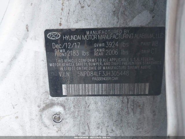 5NPD84LF3JH305448 Hyundai mpi nu