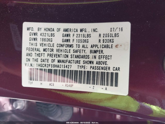 Honda k24w1 2017 1HGCR2F59HA015427 Image 9