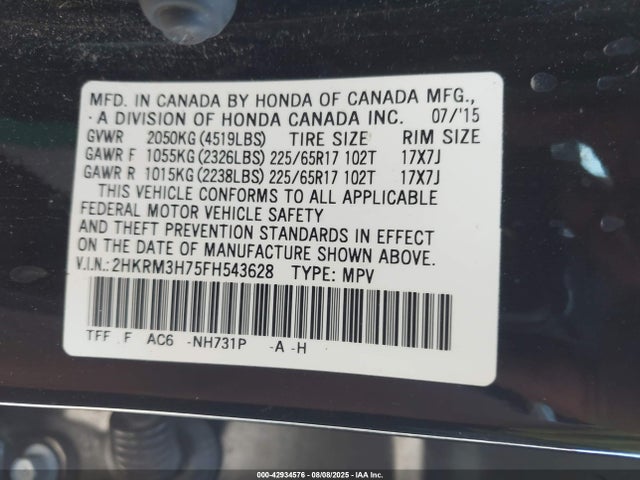 Honda k24w9 2015 2HKRM3H75FH543628 Image 9