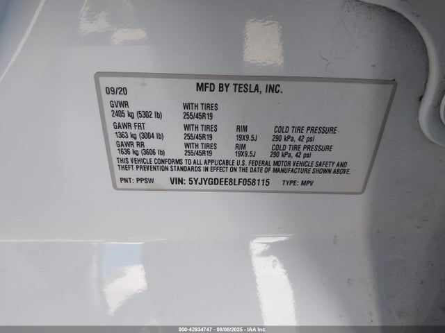 2020 TESLA MODEL Y 5YJYGDEE8LF058115 Photo 8