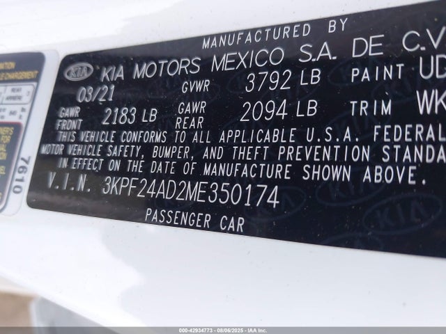 3KPF24AD2ME350174 KIA Forte Lxs