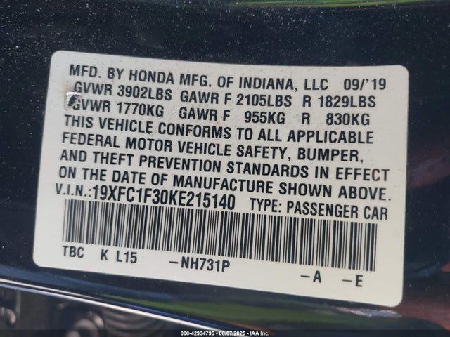 Honda l15b7/l15by 2019 19XFC1F30KE215140 Image 9