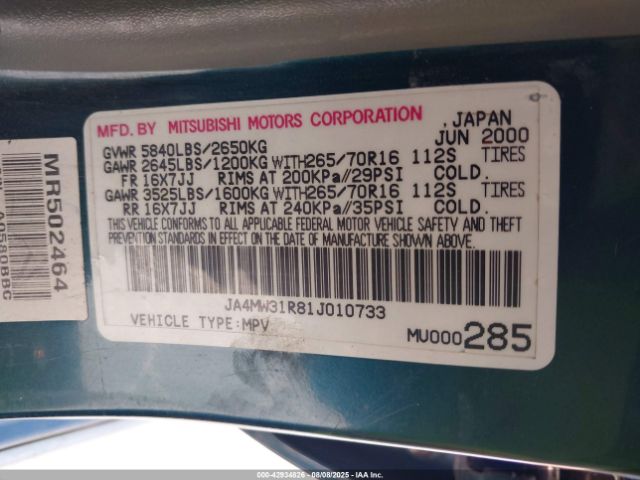 2001 MITSUBISHI MONTERO JA4MW31R81J010733 Photo 8