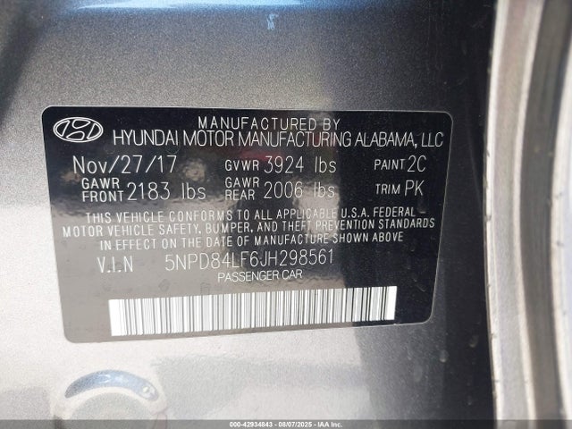 5NPD84LF6JH298561 Hyundai mpi nu