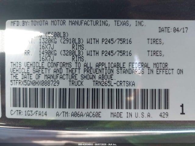 5TFRX5GN0HX088729 Toyota 2tr-fe
