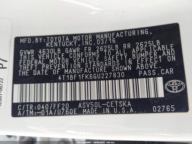 Toyota 2ar-fe 2016 4T1BF1FK6GU227830 Image 9