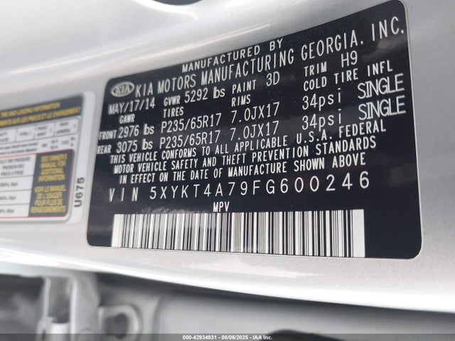 5XYKT4A79FG600246 KIA gasoline 3.3 v6 gdi lambda ii
