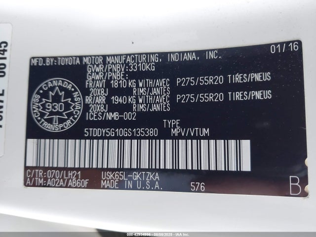 5TDDY5G10GS135380 Toyota 3ur-fe