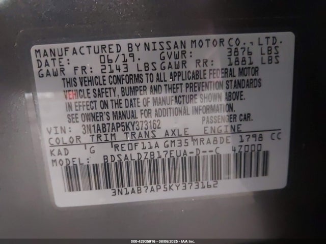 3N1AB7AP5KY373162 Nissan 2019