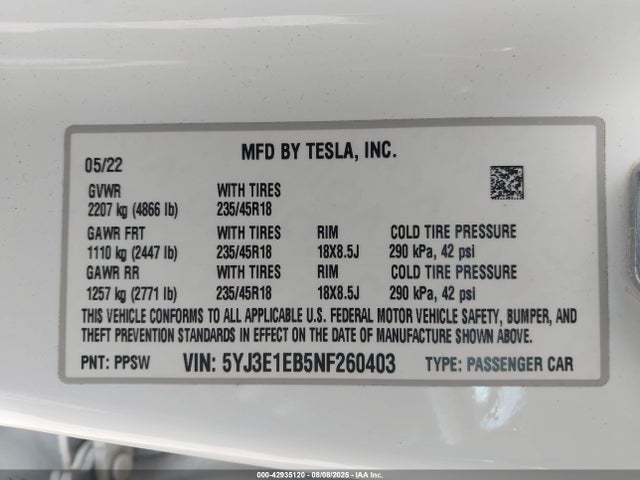 2022 TESLA MODEL 3 5YJ3E1EB5NF260403 Photo 8