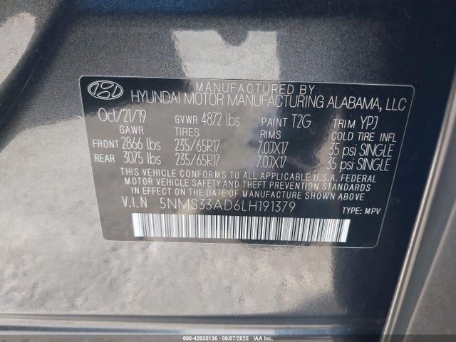5NMS33AD6LH191379 Hyundai gdi theta ii