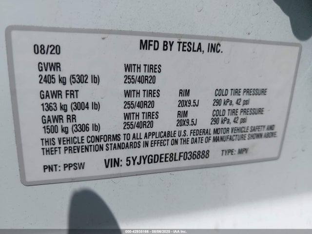 2020 TESLA MODEL Y 5YJYGDEE8LF036888 Photo 8