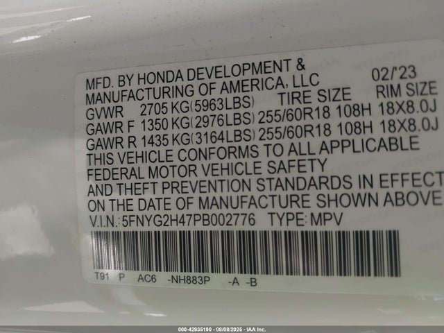 Honda j35y8 2023 5FNYG2H47PB002776 Image 9