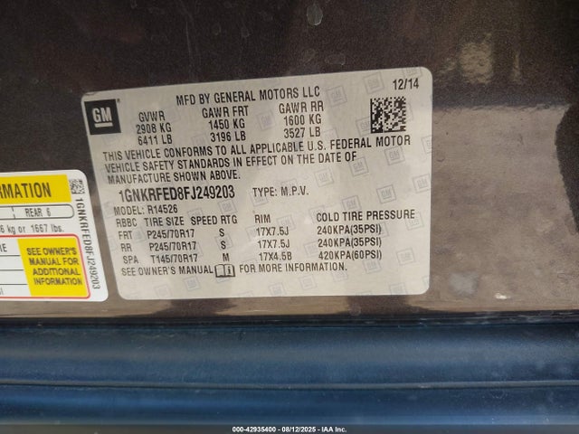 Chevrolet llt 2015 1GNKRFED8FJ249203 Image 9