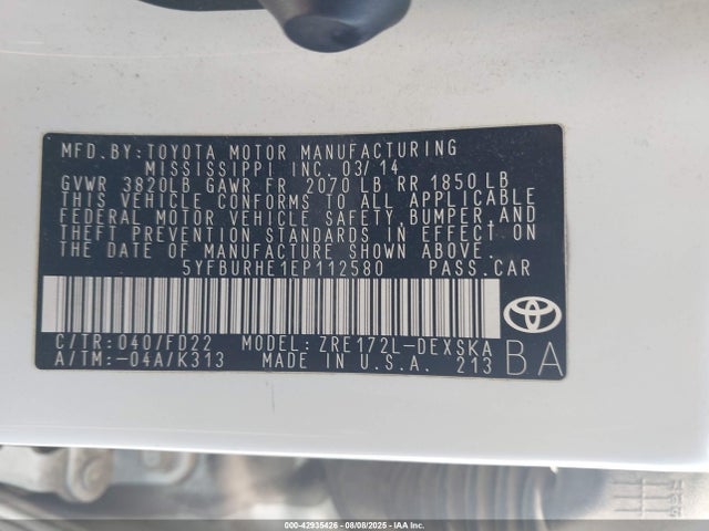 5YFBURHE1EP112580 Toyota 2zr-fe