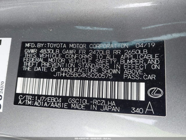 Продаж на аукціоні авто 2019 Lexus Rc 350 F Sport, vin: JTHHZ5BC4K5020575, номер лоту: 42935748