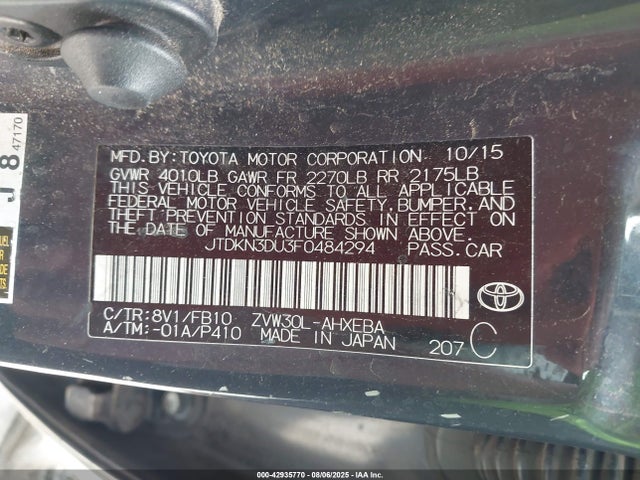 Toyota 2zr-fxe+3jm 2015 JTDKN3DU3F0484294 Image 9