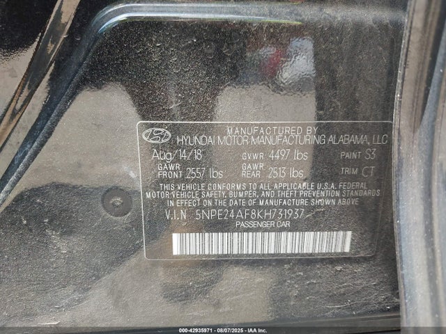 2019 Hyundai Sonata Se მანქანა იყიდება აუქციონზე, vin: 5NPE24AF8KH731937, აუქციონის ნომერი: 42935971