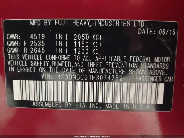 Subaru 2.5l u6 2015 4S3BNBC61F3074752 Image 9
