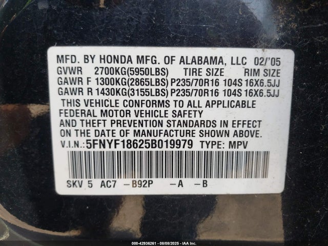 Продажа на аукционе авто 2005 Honda Pilot Ex-l, vin: 5FNYF18625B019979, номер лота: 42936261
