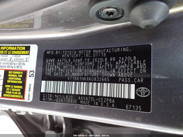 4T1B61HKXKU832665 Toyota a25a-fks