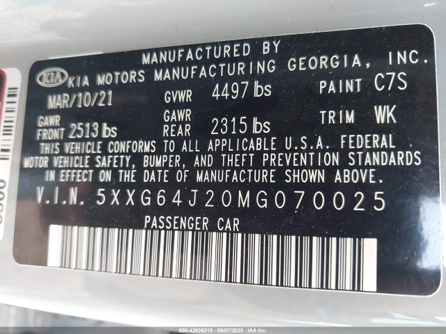 Aukcja sprzedaży 2021 Kia K5 Gt-line, vin: 5XXG64J20MG070025, numer aukcji: 42936315