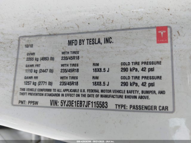 Продажа на аукционе авто 2018 Tesla Model 3 Long Range/performance, vin: 5YJ3E1EB7JF115583, номер лота: 42936396