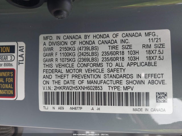 2HKRW2H5XNH602853 Honda l15be