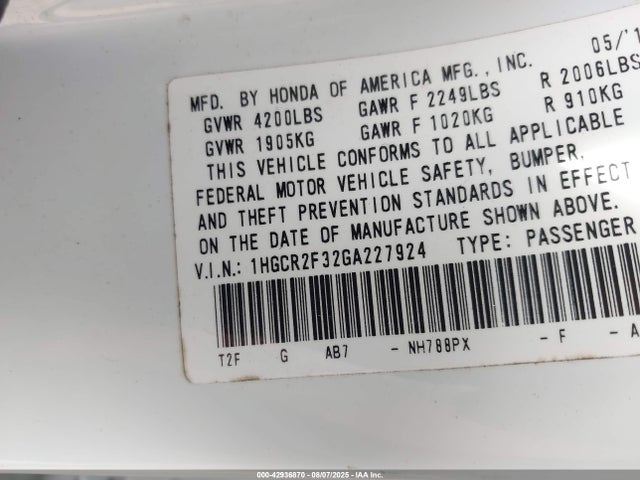 1HGCR2F32GA227924 Honda k24w1