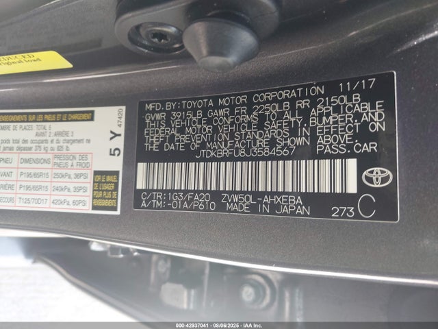 JTDKBRFU8J3584567 Toyota 2zr-fxe,1nm