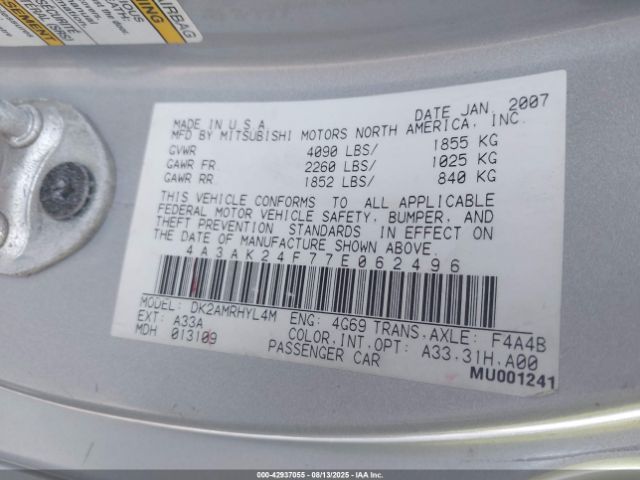 2007 MITSUBISHI ECLIPSE 4A3AK24F77E062496 Photo 8