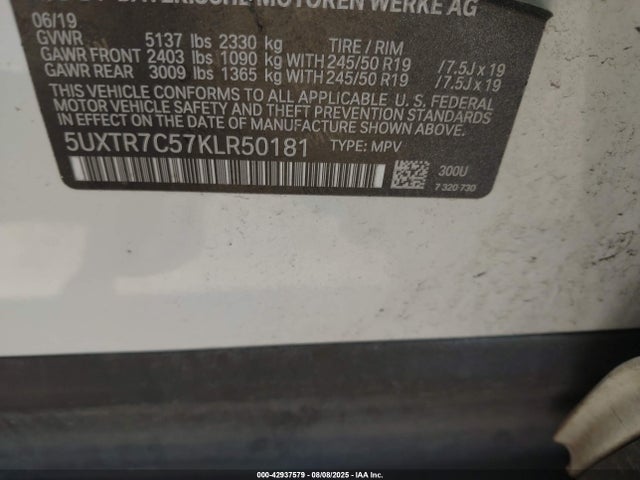 42937579 :رقم المزاد ، 5UXTR7C57KLR50181 vin ، 2019 Bmw X3 Sdrive30i مزاد بيع