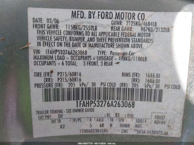 2006 FORD TAURUS 1FAHP53276A263068 Photo 8