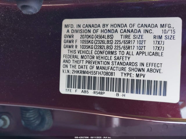 Honda k24w9 2015 2HKRM4H55FH708081 Image 9