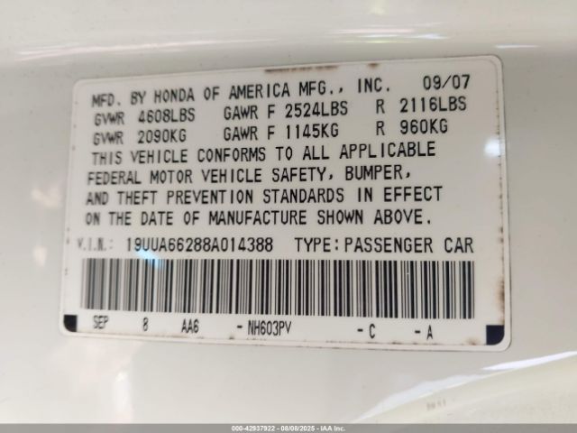 2008 ACURA TL 19UUA66288A014388 Photo 8