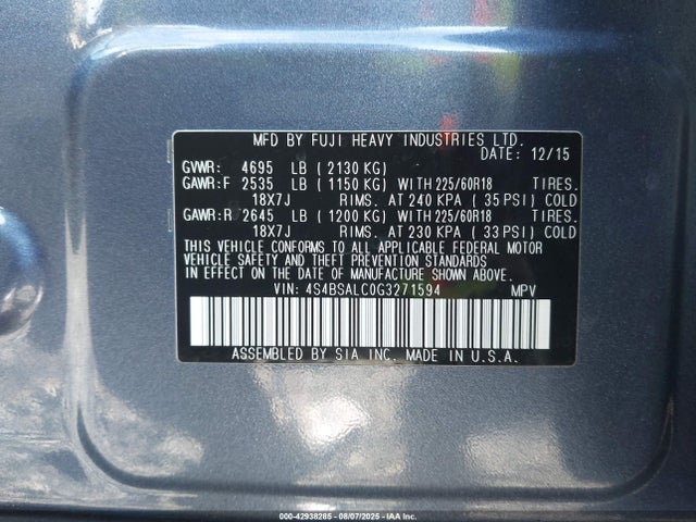 4S4BSALC0G3271594 Subaru 2.5l u5