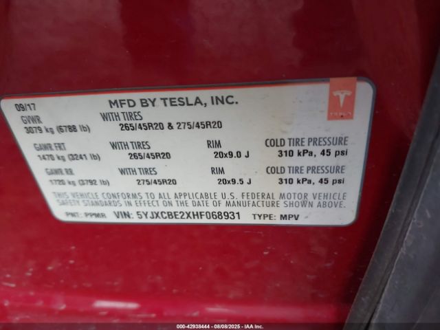 2017 TESLA MODEL X 5YJXCBE2XHF068931 Photo 8