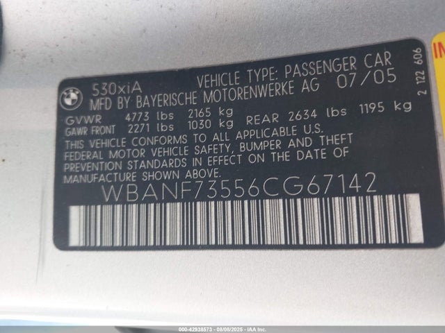 Продаж на аукціоні авто 2006 Bmw 530xi, vin: WBANF73556CG67142, номер лоту: 42938573