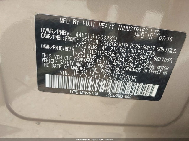 Subaru naturally aspirated u5 2016 JF2SJAFCXGH430905 Image 9
