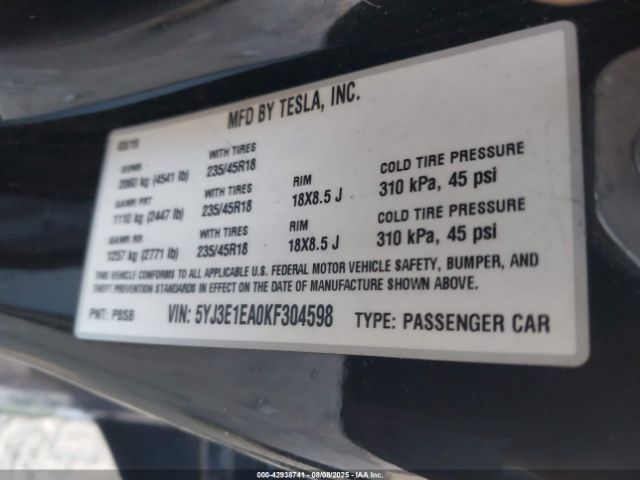 2019 TESLA MODEL 3 5YJ3E1EA0KF304598 Photo 8