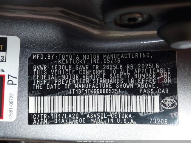 Toyota 2ar-fe 2016 4T1BF1FK6GU605354 Image 9