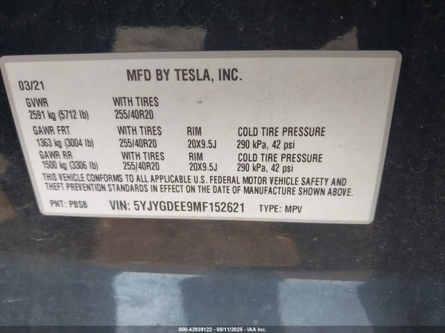 2021 TESLA MODEL Y 5YJYGDEE9MF152621 Photo 8