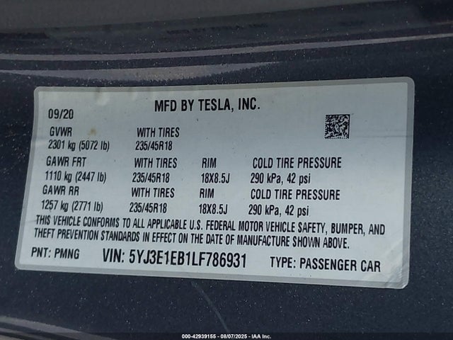2020 TESLA MODEL 3 5YJ3E1EB1LF786931 Photo 8