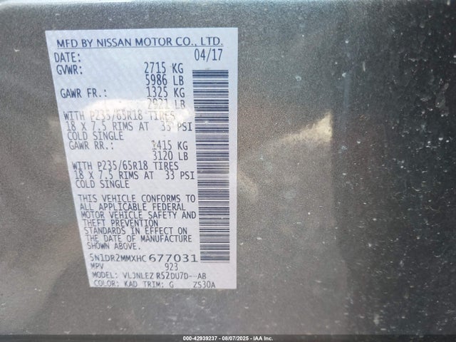 Nissan 2017 2017 5N1DR2MMXHC677031 Image 9