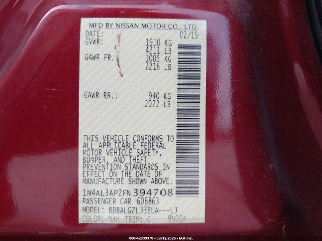 Продаж на аукціоні авто 2015 Nissan Altima 2.5 S, vin: 1N4AL3AP2FN394708, номер лоту: 42939378