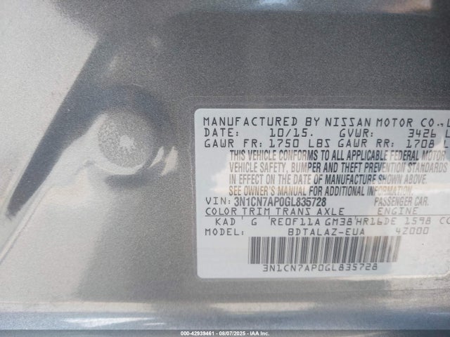 3N1CN7AP0GL835728 Nissan 2016