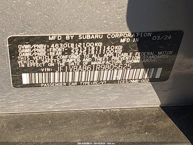 Subaru WRX 2024 JF1VBAB61R9805625 Image 9