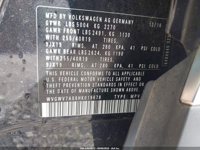 WVGWV7AX6HK019678 Volkswagen 2.0 tsi