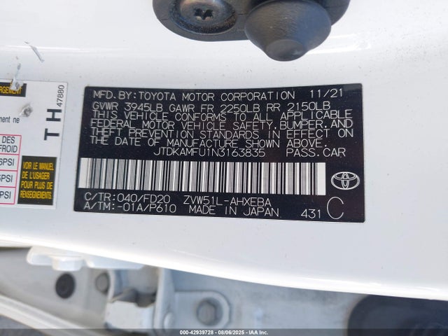 JTDKAMFU1N3163835 Toyota 2zr-fxe,1nm