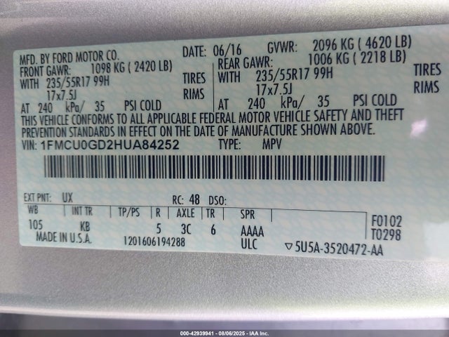 1FMCU0GD2HUA84252 Ford gtdi sigma w/premium fuel